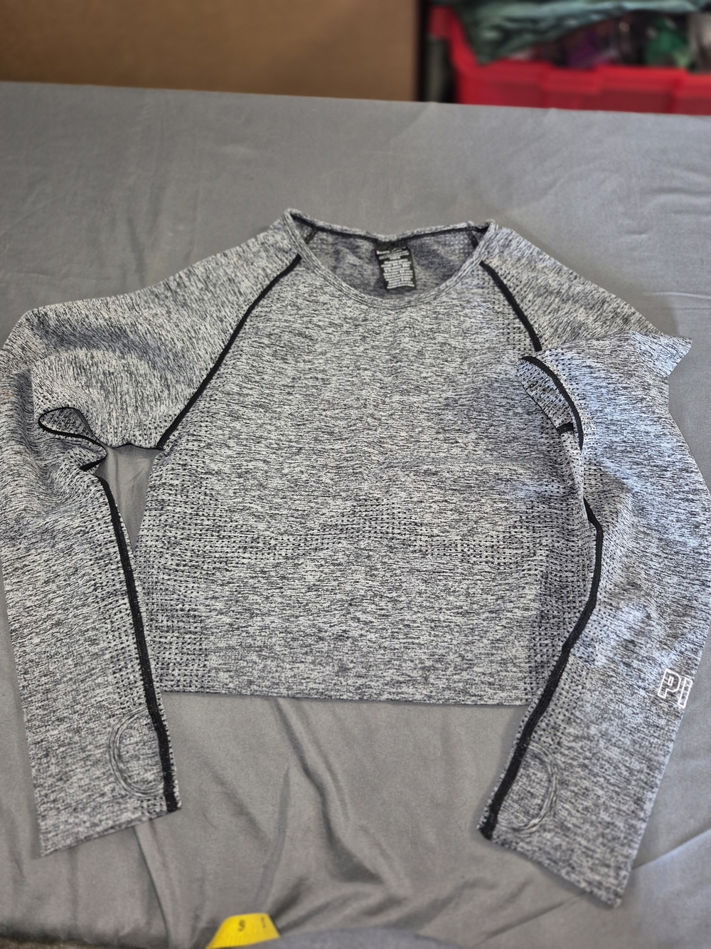Active USA Heather Gray and Black Seam Long Sleeve Performance Top